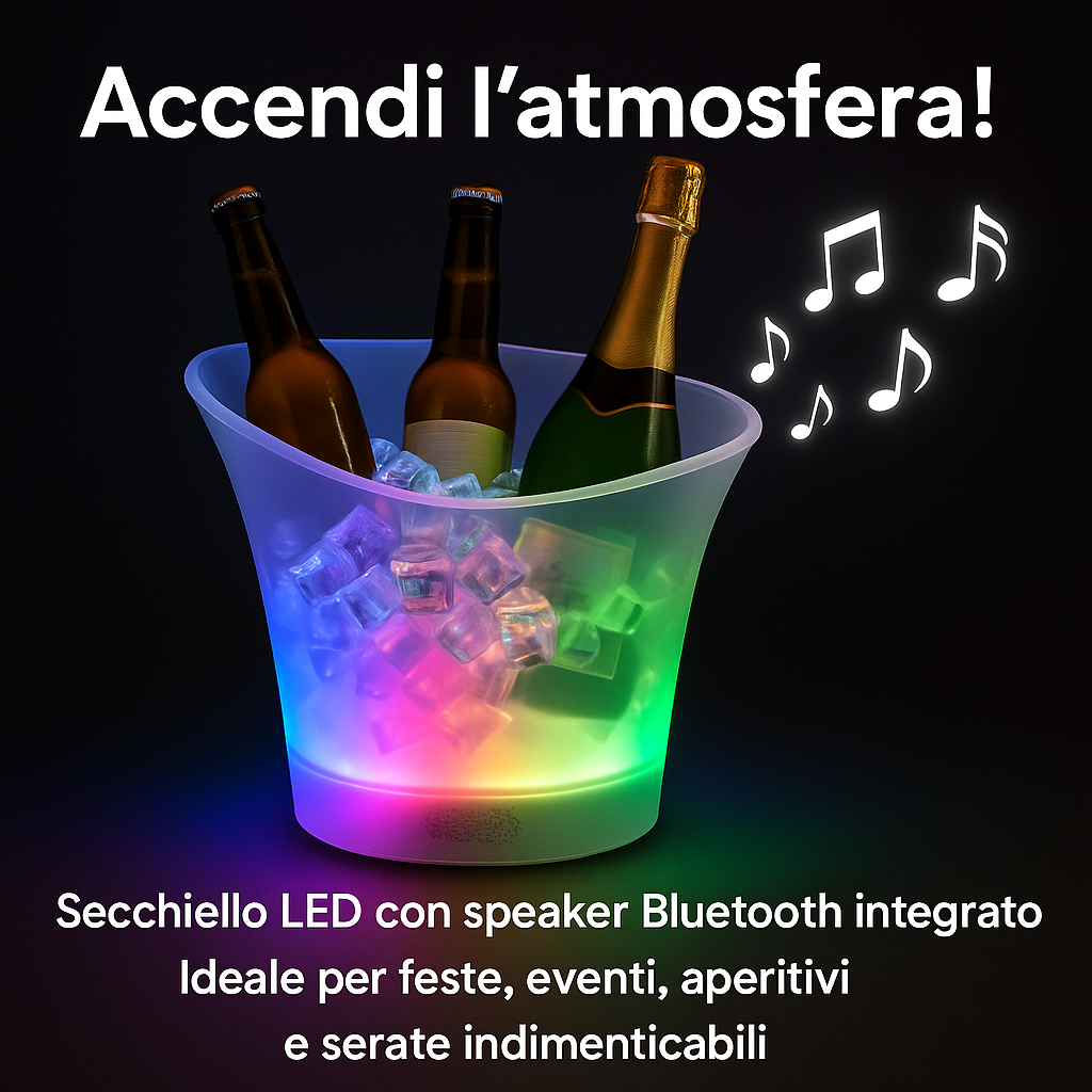 Secchiello Ghiaccio LED Multicolore con Speaker Bluetooth 5L, Portatile, Impermeabile – per Vino, Champagne, Birra – Ideale per Feste, Barbecue, Eventi