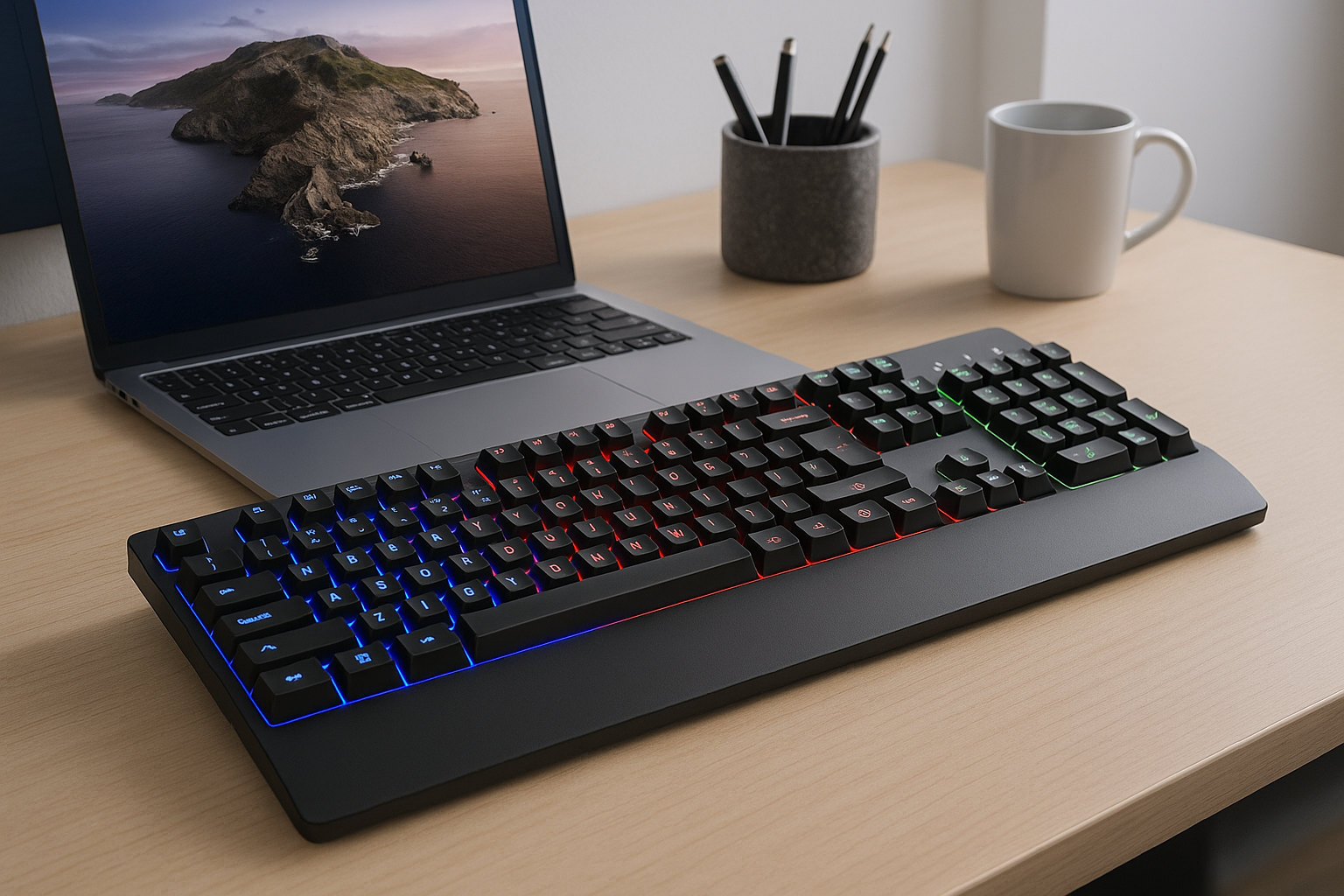 Tastiera Wireless 2.4GHz RGB Retroilluminata, 104 Tasti Completi Silenziosi, con Ricevitore USB, Compatibile con Windows e Mac – Design Ergonomico per Lavoro e Gaming