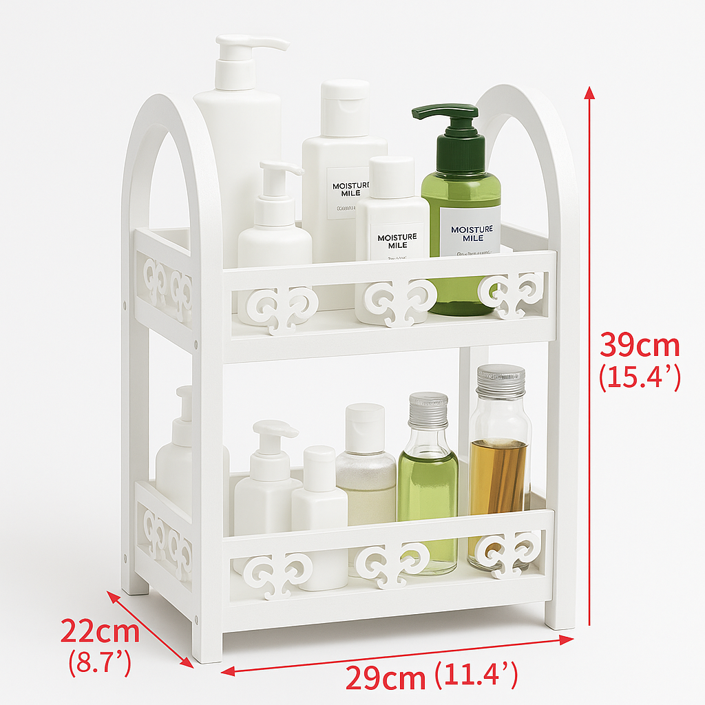 Organizer bagno a 2 ripiani in legno MDF bianco – Scaffale porta oggetti con design traforato, ideale per cosmetici, detergenti e accessori – 29x22x39 cm