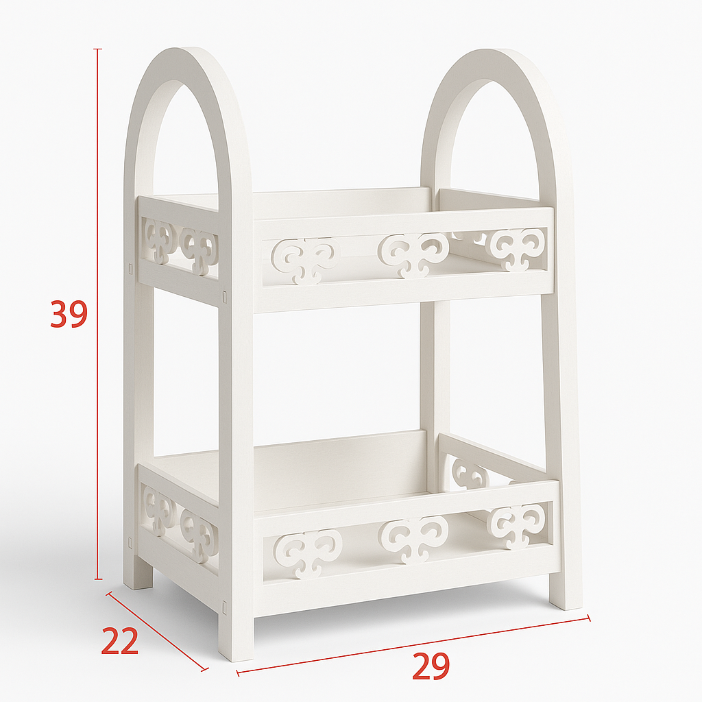 Organizer bagno a 2 ripiani in legno MDF bianco – Scaffale porta oggetti con design traforato, ideale per cosmetici, detergenti e accessori – 29x22x39 cm