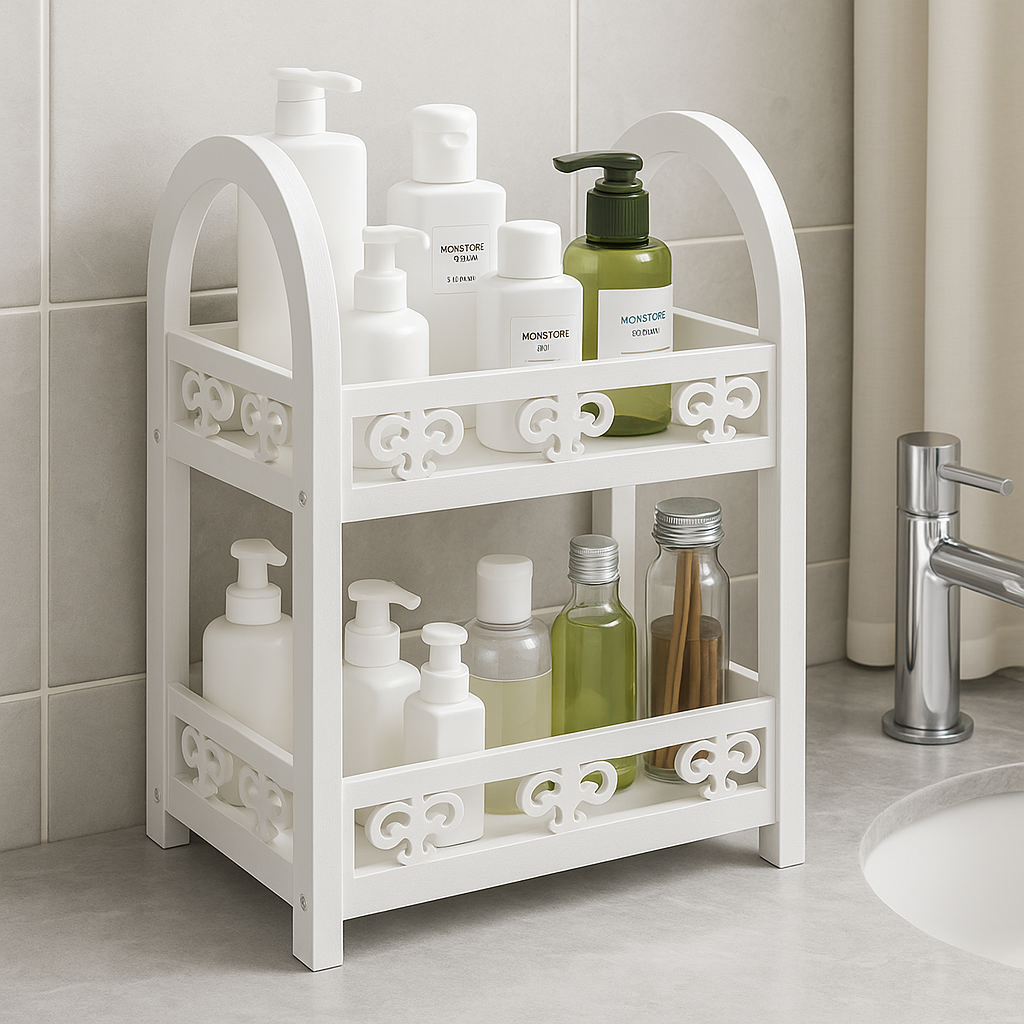 Organizer bagno a 2 ripiani in legno MDF bianco – Scaffale porta oggetti con design traforato, ideale per cosmetici, detergenti e accessori – 29x22x39 cm