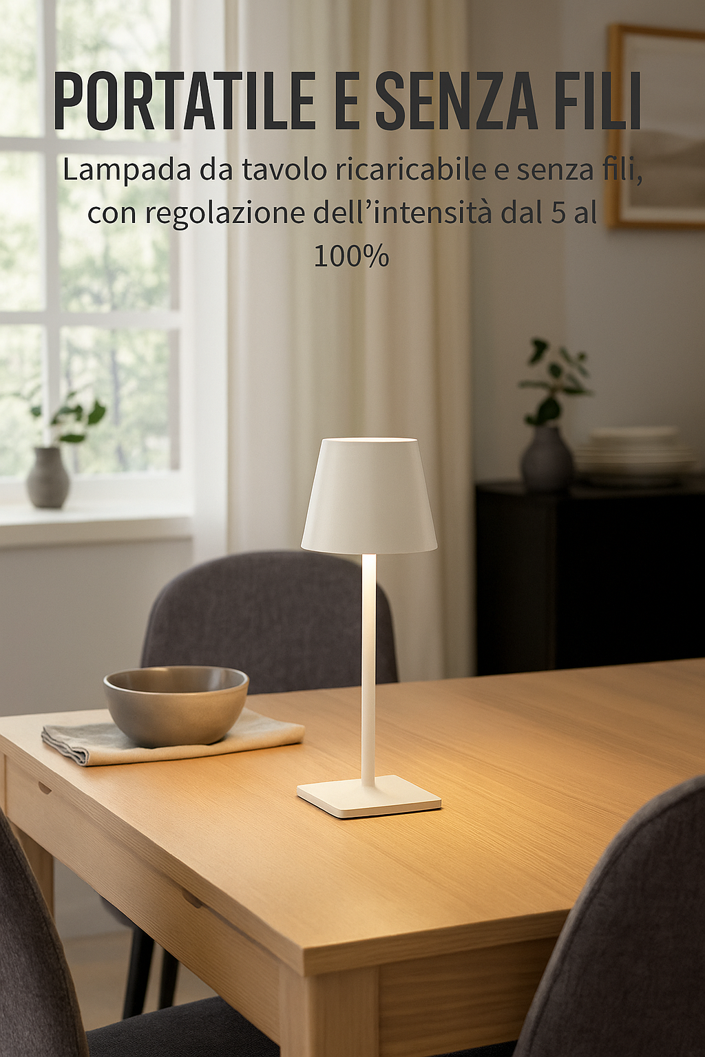 Lampada da Tavolo LED Ricaricabile Senza Fili – Dimmerabile Touch, 2400mAh, 3 Tonalità (2700K-6000K), Design Moderno per Interno ed Esterno, Camera da Letto, Soggiorno, Giardino, IP54