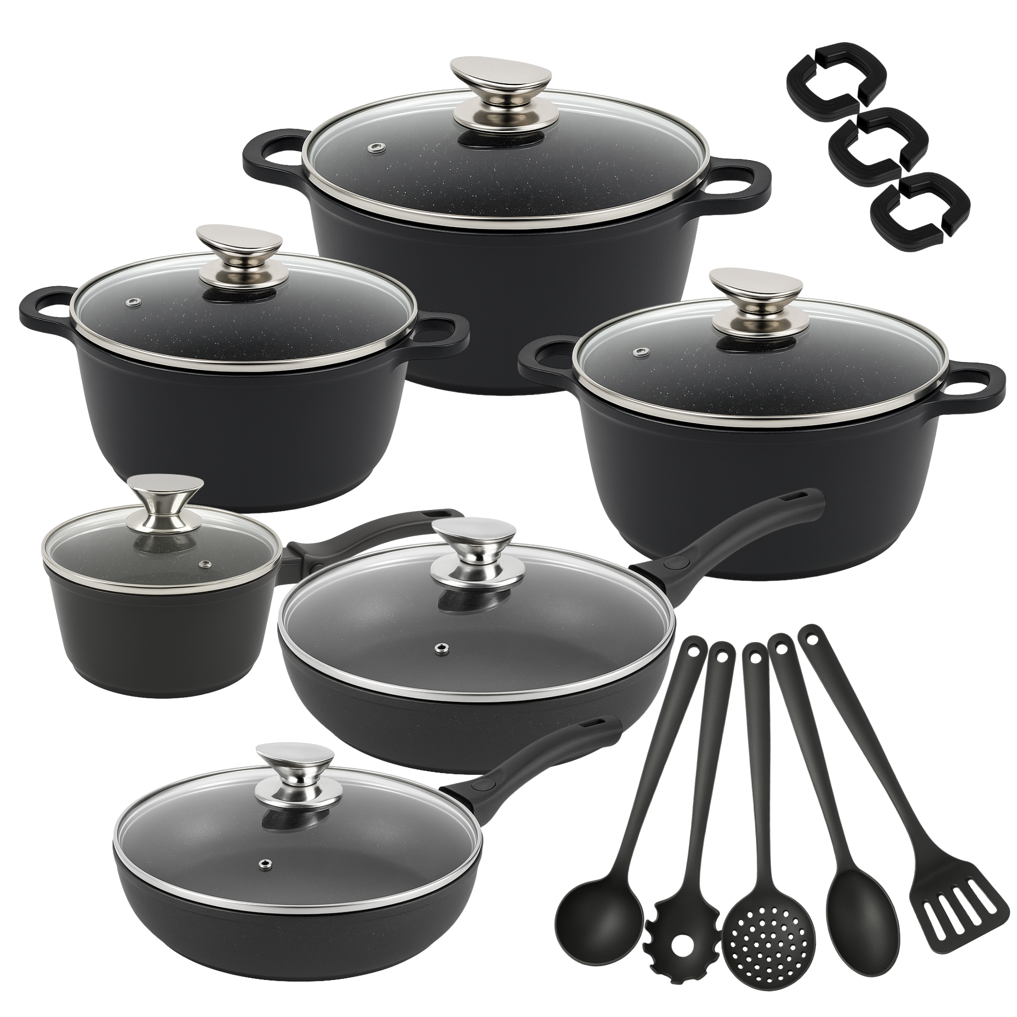 Set di Pentole 23 Pezzi Antiaderente con Coperchi in Vetro – Batteria di Pentole e Padelle con Manici Removibili, Mestoli e Accessori in Silicone – Adatte a Tutti i Piani di Cottura, Induzione Inclusa