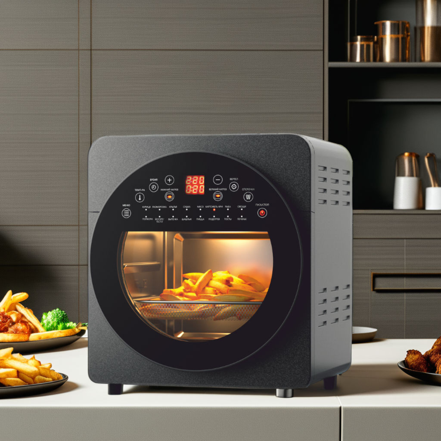 Forno ad Aria 14L con Doppio Riscaldamento e Display Touch – Air Fryer Oven Multifunzione in Acciaio, con Girarrosto, Timer Regolabile e Accessori Inclusi – Cottura Sana e Croccante Senza Olio