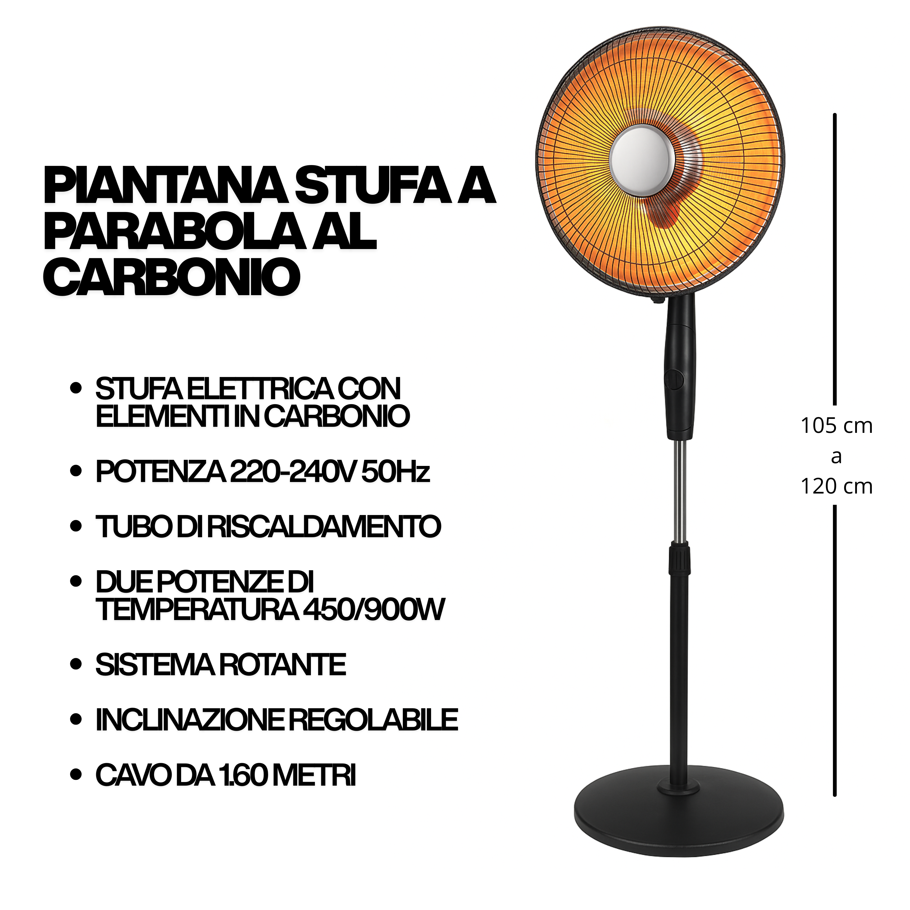 Stufa a Piantana Infrarossi al Carbonio 900W | Altezza Regolabile 105-120 cm, Oscillazione e Inclinazione Regolabile | 2 Livelli di Potenza 450/900W, Timer 60 Minuti – Riscaldamento Rapido e Silenzioso