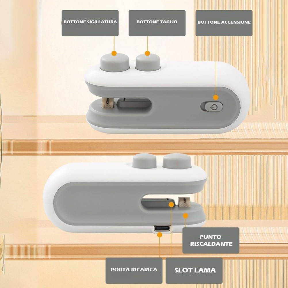Mini Sigillatori Termici Portatile 2 in 1 (Sigilla e Taglia) Ricaricabile USB, Uso Domestico, Sigillatore Per Ogni Tipo Di Busta