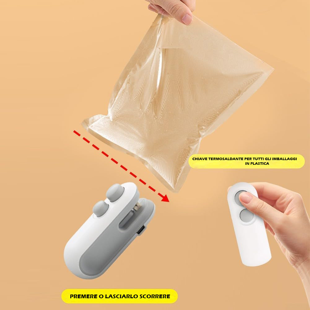 Mini Sigillatori Termici Portatile 2 in 1 (Sigilla e Taglia) Ricaricabile USB, Uso Domestico, Sigillatore Per Ogni Tipo Di Busta
