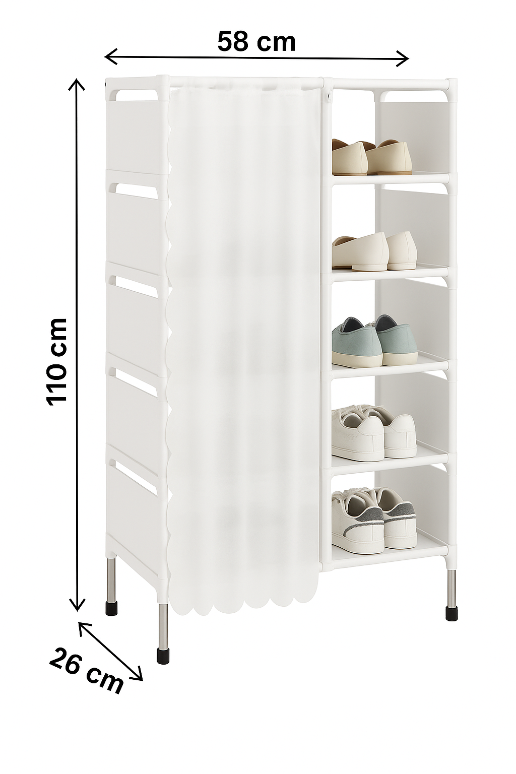 Scarpiera 7 Ripiani con Tenda Bianca – Struttura in Acciaio, Salvaspazio per Scarpe, Armadio Portascarpe con Copertura, Colore Nero o Bianco – 58x26x110 cm
