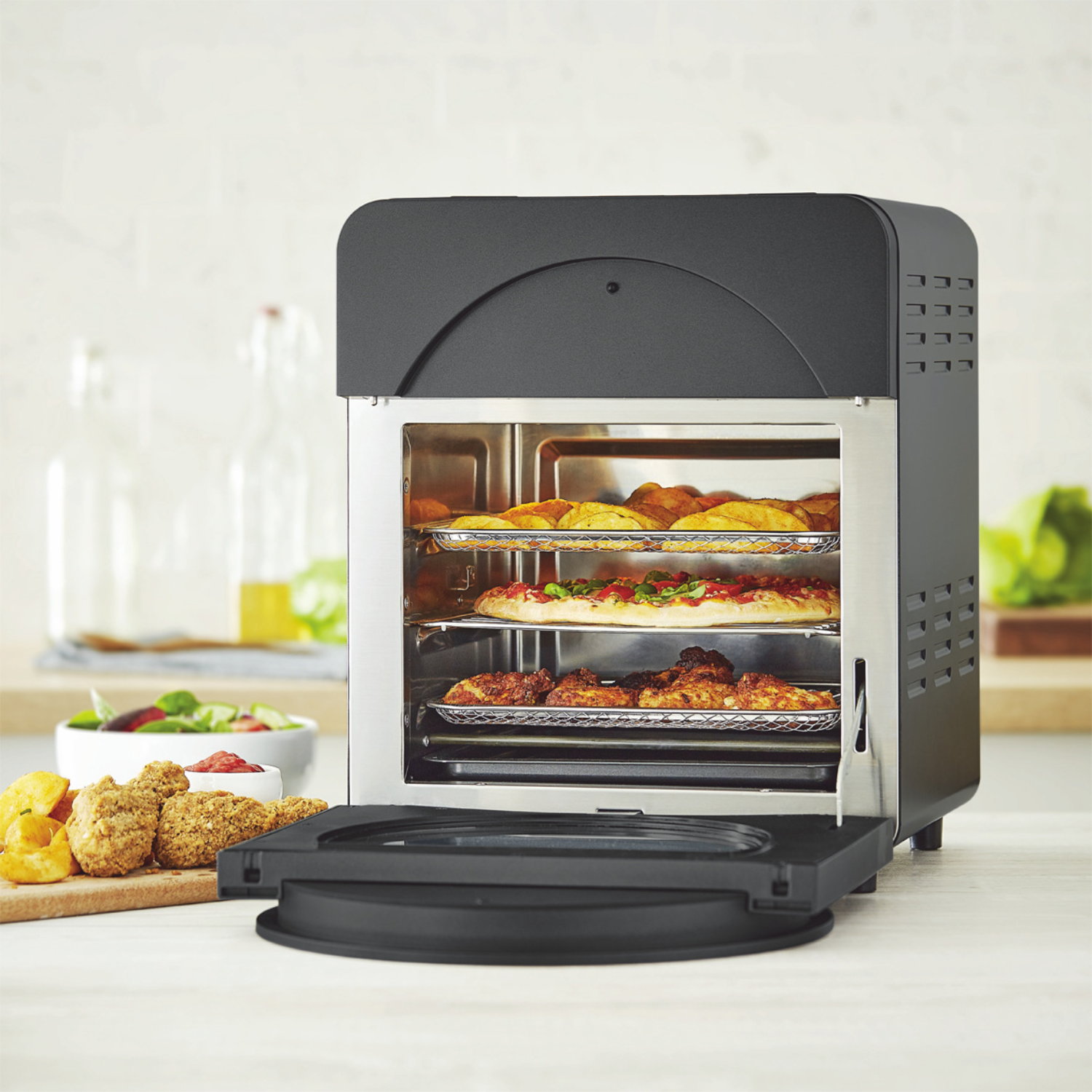 Forno ad Aria 14L con Doppio Riscaldamento e Display Touch – Air Fryer Oven Multifunzione in Acciaio, con Girarrosto, Timer Regolabile e Accessori Inclusi – Cottura Sana e Croccante Senza Olio