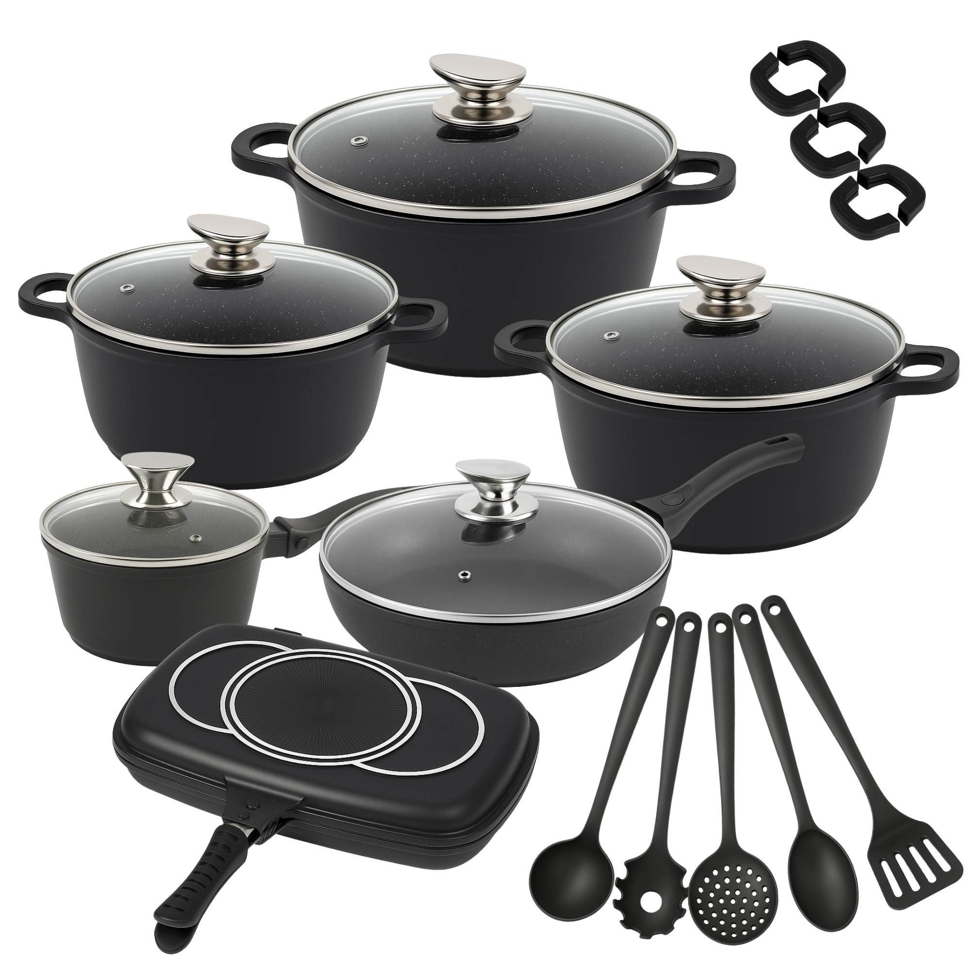 Set di Pentole 22 Pezzi Antiaderenti con Bistecchiera Batteria di Pentole e Padelle con Coperchi in Vetro, Manici Removibili, Mestoli e Accessori in Silicone Per Tutti i Piani di Cottura, Induzione