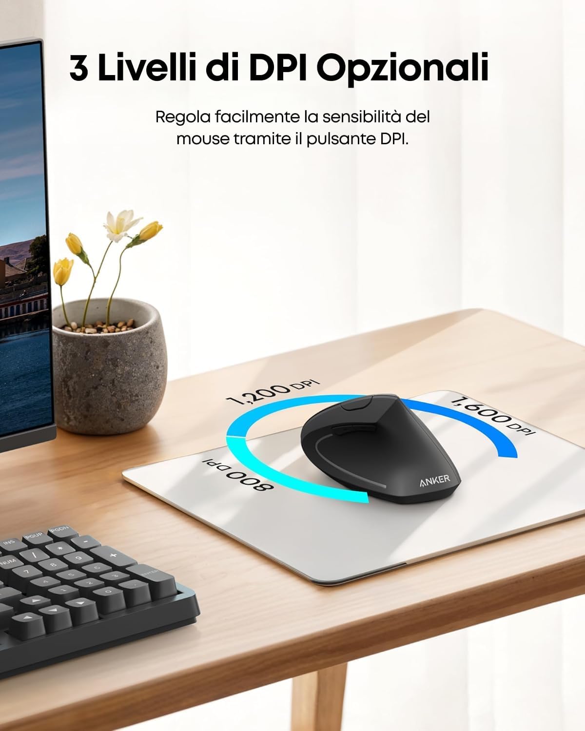 Mouse Ergonomico Verticale Wireless con 3 Livelli DPI (800/1200/1600), Design Antistress per Polso e Mano, Connessione Stabile USB, Ideale per Ufficio e Home Working