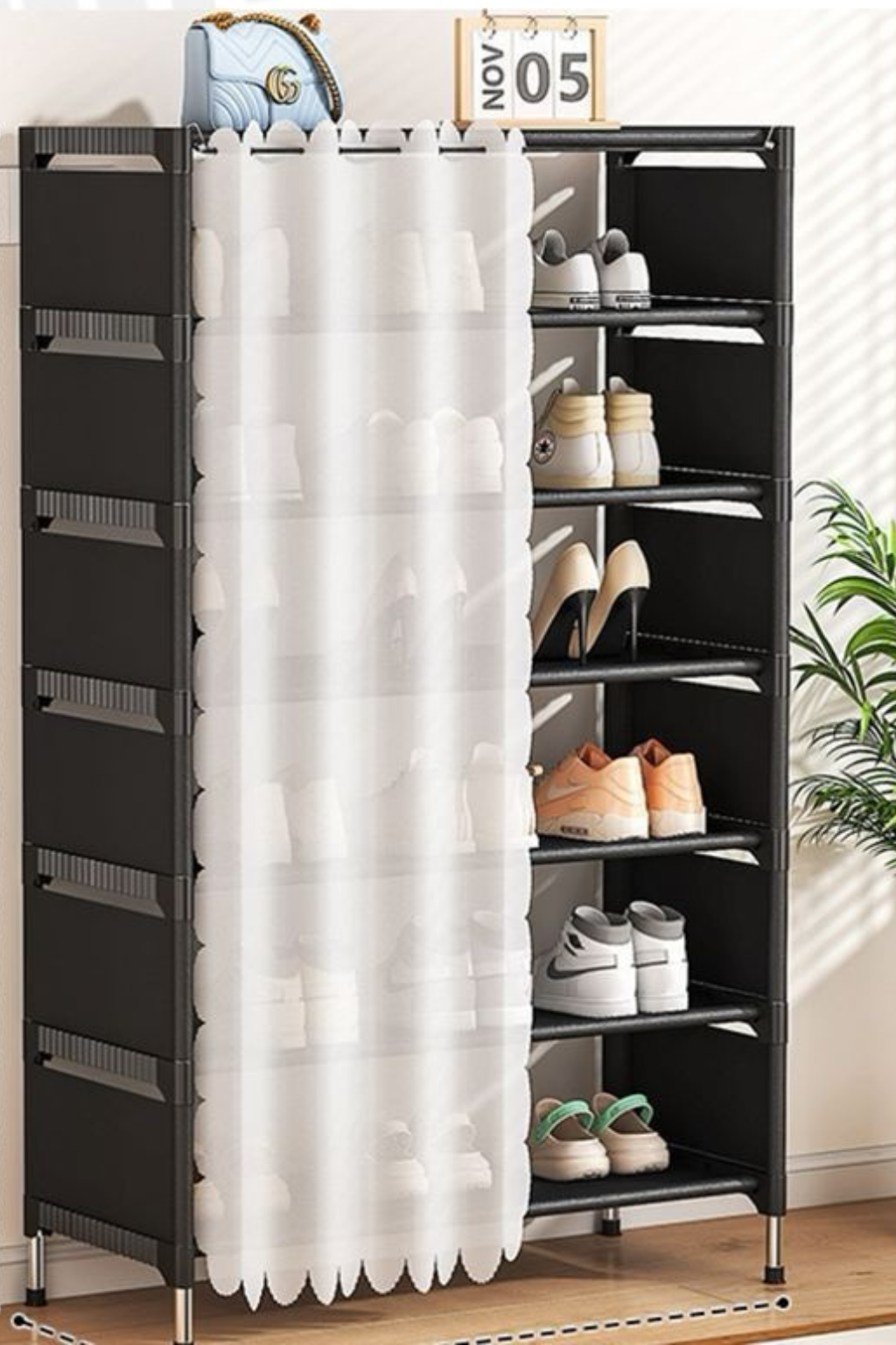 Scarpiera 7 Ripiani con Tenda Bianca – Struttura in Acciaio, Salvaspazio per Scarpe, Armadio Portascarpe con Copertura, Colore Nero o Bianco – 58x26x110 cm