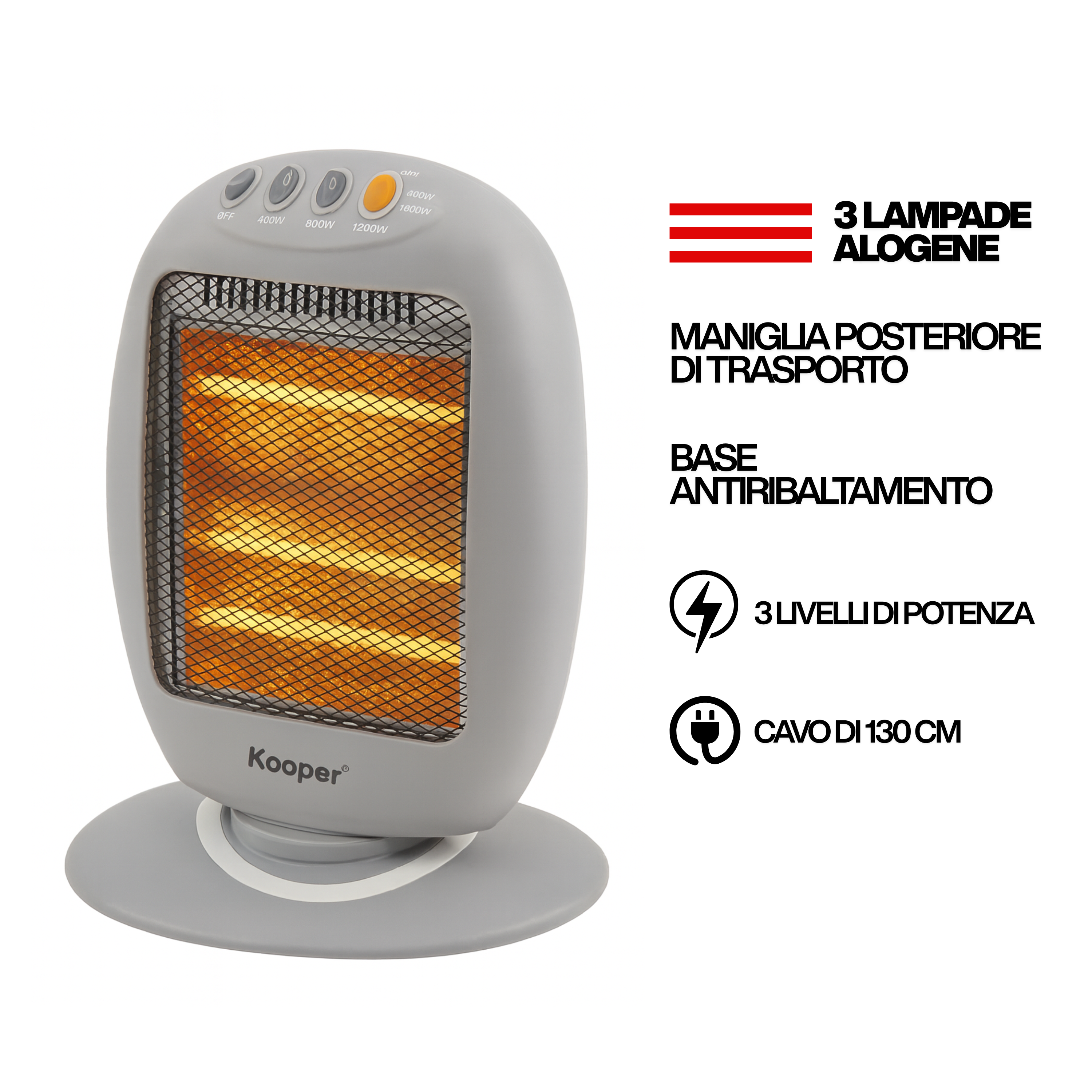 Stufa Elettrica Alogena 1200W con 3 Elementi Riscaldanti | 3 Livelli di Potenza 400/800/1200W Oscillazione Automatica, Base Antiribaltamento, Corpo Rotante, Cavo 1,3m Riscaldamento Rapido e Silenziosa