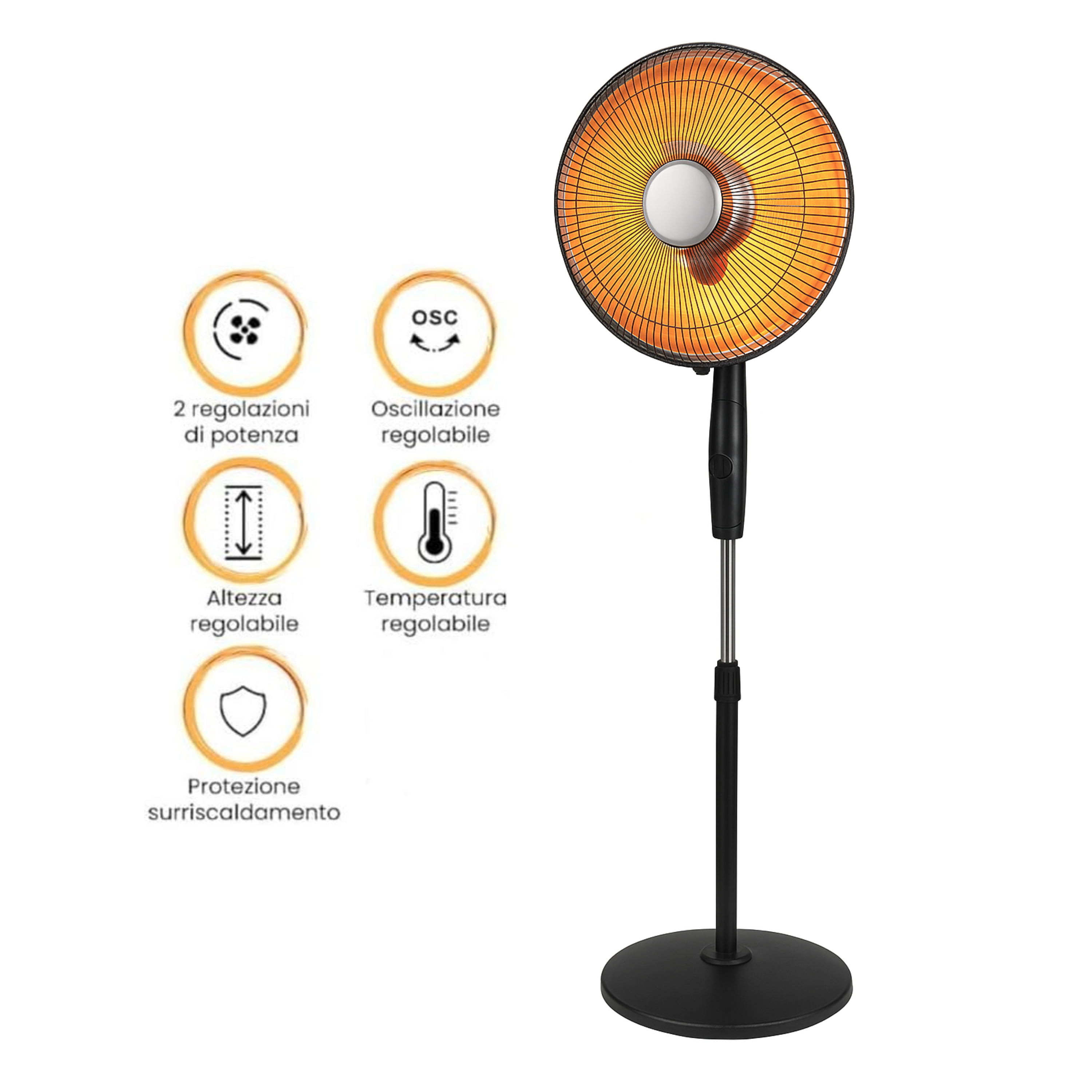 Stufa a Piantana Infrarossi al Carbonio 900W | Altezza Regolabile 105-120 cm, Oscillazione e Inclinazione Regolabile | 2 Livelli di Potenza 450/900W, Timer 60 Minuti – Riscaldamento Rapido e Silenzioso