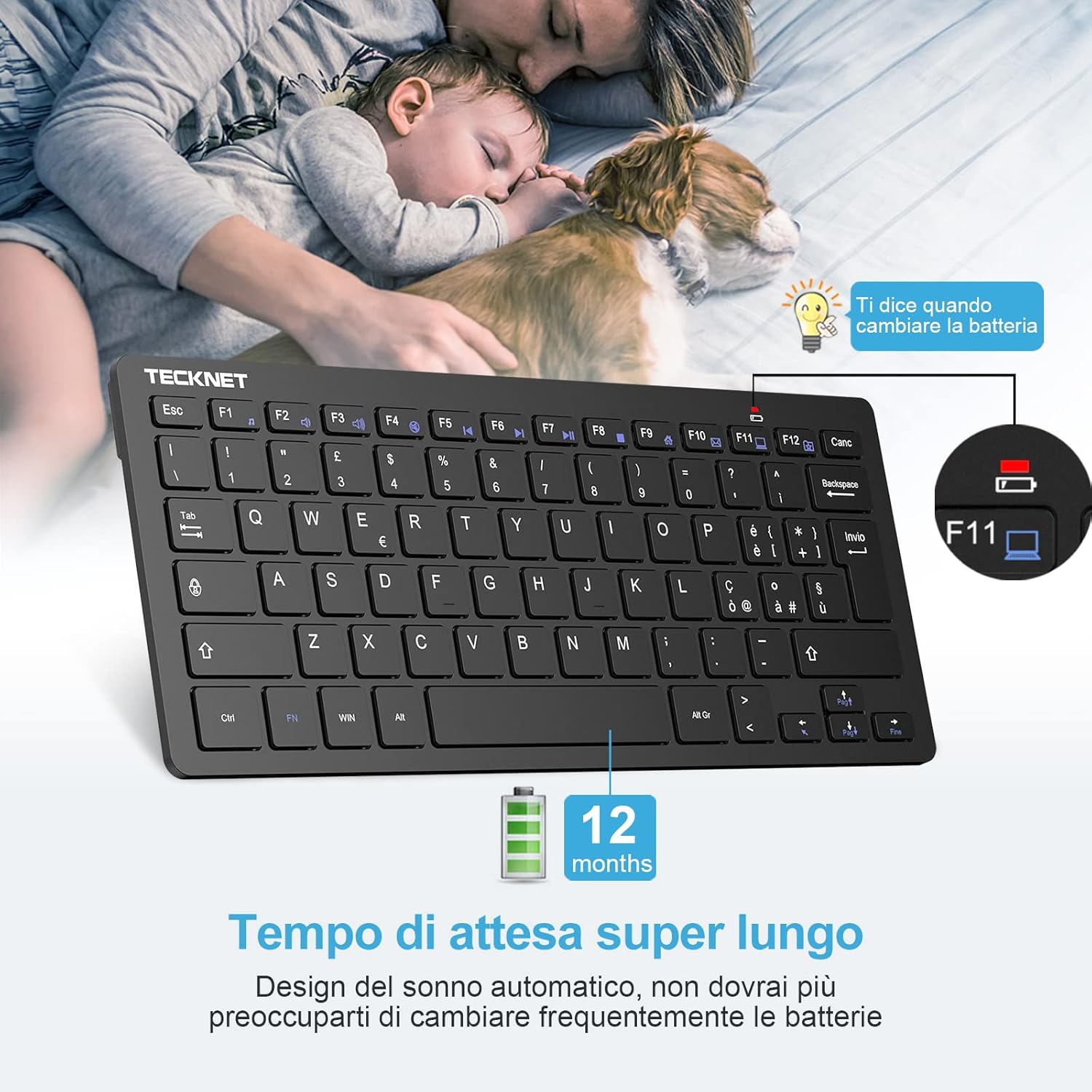 Tastiera Bluetooth Wireless 78 Tasti, Silenziosa e Ultra Sottile, Compatibile con PC, Laptop, Tablet, Smartphone e Smart TV – Design Portatile