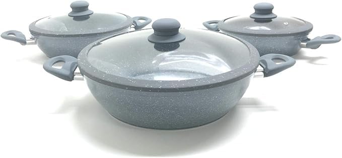 Tris Pentole Bavaria in pietra lavica antiaderenti 3 Padelle + 3 Coperchi Pietra Lavica 20-24-28cm, in Pietra Lavica, Adatto a piano a Gas e a Induzione, Padelle e Coperchi