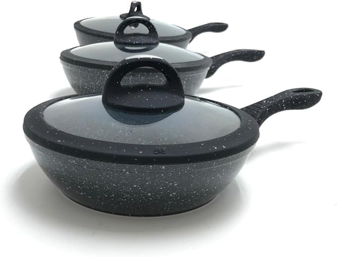 Tris Pentole Bavaria in pietra lavica antiaderenti 3 Padelle + 3 Coperchi Pietra Lavica 20-24-28cm, in Pietra Lavica, Adatto a piano a Gas e a Induzione, Padelle e Coperchi