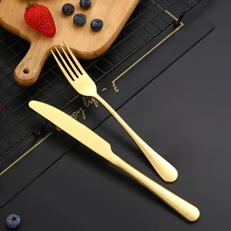 Set Posate 24 Pezzi – Servizio Posate Acciaio Inox con Finitura Bronzo Satinato, 6 Cucchiai, 6 Forchette, 6 Coltelli, 6 Cucchiaini – Design Moderno Manico Quadrato, Elegante e Resistente