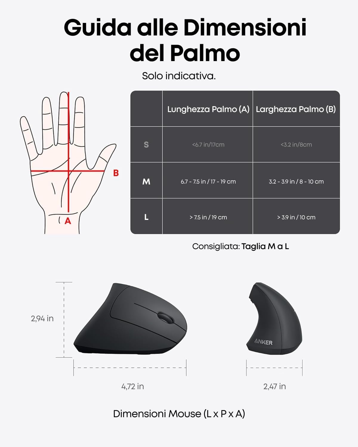 Mouse Ergonomico Verticale Wireless con 3 Livelli DPI (800/1200/1600), Design Antistress per Polso e Mano, Connessione Stabile USB, Ideale per Ufficio e Home Working