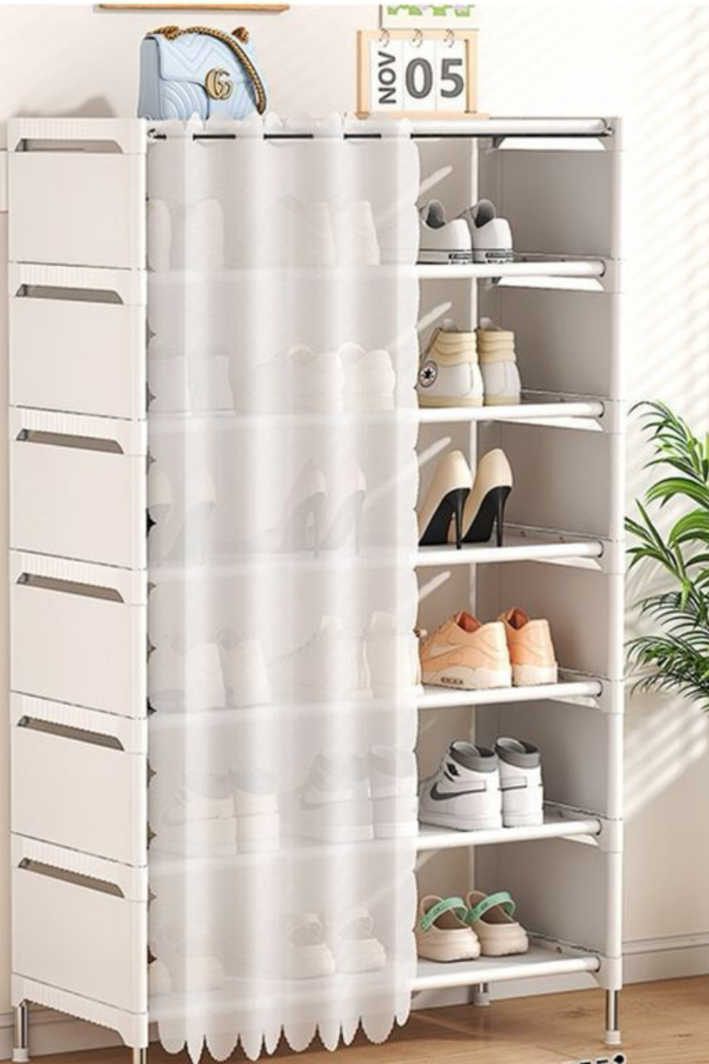 Scarpiera 7 Ripiani con Tenda Bianca – Struttura in Acciaio, Salvaspazio per Scarpe, Armadio Portascarpe con Copertura, Colore Nero o Bianco – 58x26x110 cm