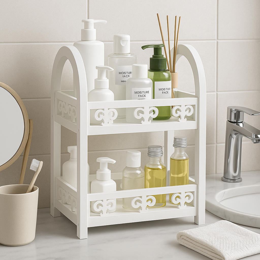 Organizer bagno a 2 ripiani in legno MDF bianco – Scaffale porta oggetti con design traforato, ideale per cosmetici, detergenti e accessori – 29x22x39 cm