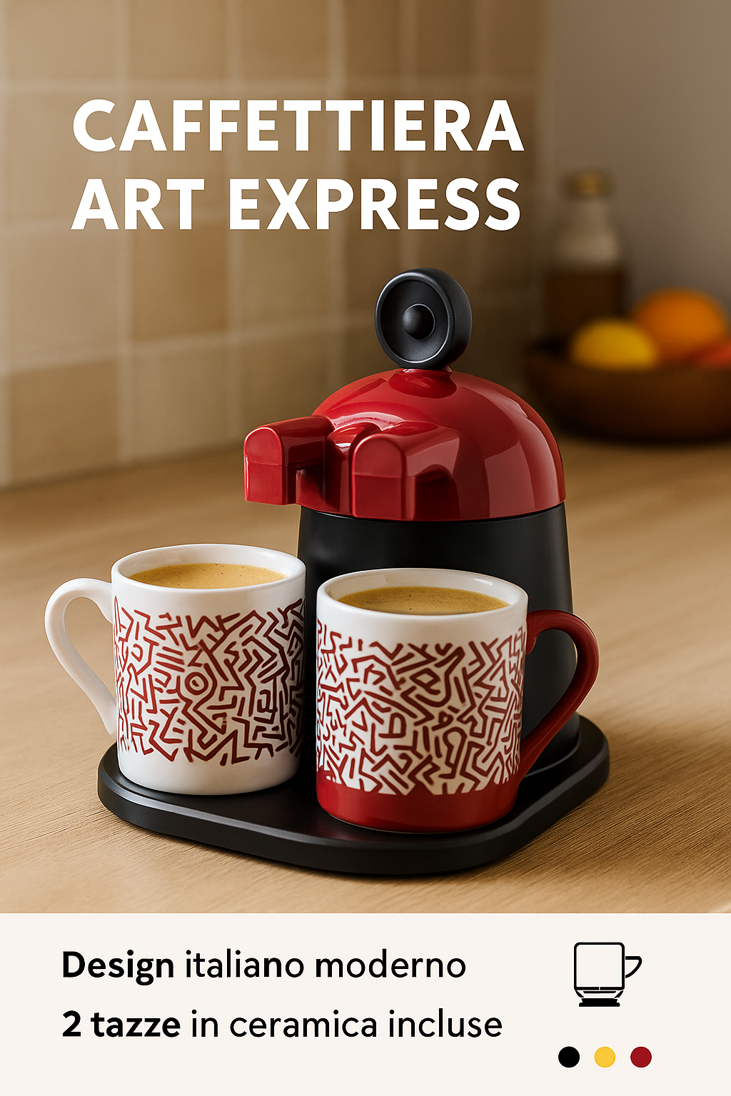 Caffettiera Art Express con 2 Tazze in Ceramica – Design Italiano Moderno, Filtro in Alluminio, Compatibile con Tutti i Piani Cottura, Disponibile in 3 Colori – Aroma Italiano