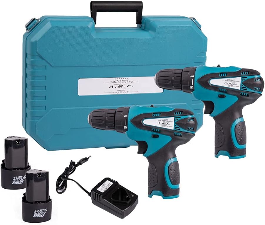 AMC Coppia di trapani avvitatore e tassellatore da 18 Volts doppia batteria a litio, caricabatteria e valigetta inclusa, mandrino autoserrante con impugnatura ergonomica e sistema antivibrante