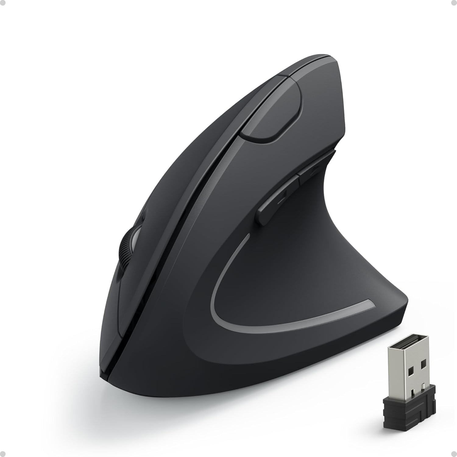 Mouse Ergonomico Verticale Wireless con 3 Livelli DPI (800/1200/1600), Design Antistress per Polso e Mano, Connessione Stabile USB, Ideale per Ufficio e Home Working