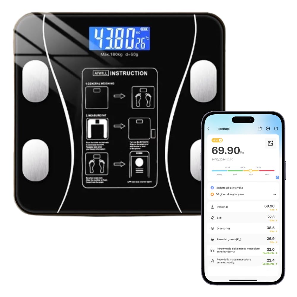 Bilancia Pesapersone Bluetooth 180kg con App Monitoraggio Completo della Composizione Corporea