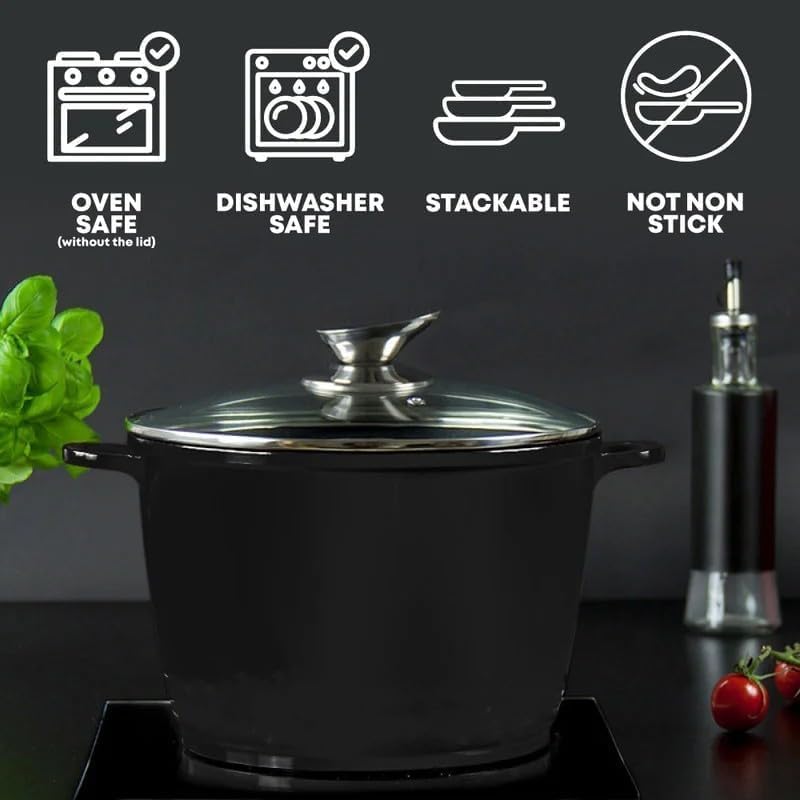 Pentola Tegame Royalty Line in Alluminio con Rivestimento Antiaderente Teflon, Coperchio in Vetro e Acciaio Inox – Adatta a Induzione, Gas, Elettrico, Ceramica e Alogeno