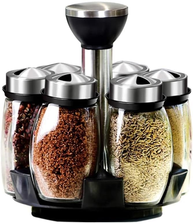 Portaspezie Girevole a 360° con 6 Barattoli in Vetro, barattoli con Tappi spargispezie Organizer da Cucina,Supporto per condimenti