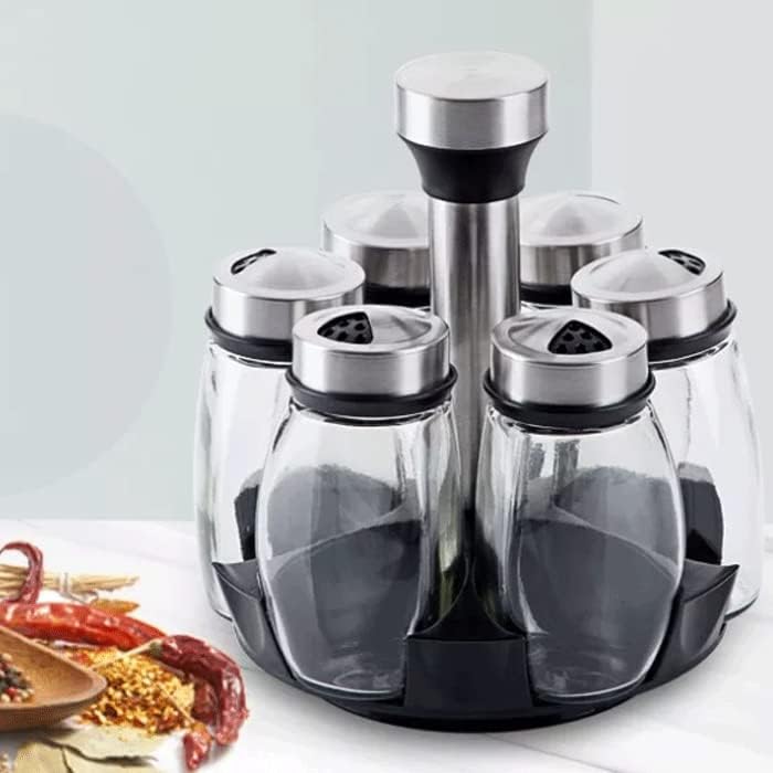 Portaspezie Girevole a 360° con 6 Barattoli in Vetro, barattoli con Tappi spargispezie Organizer da Cucina,Supporto per condimenti