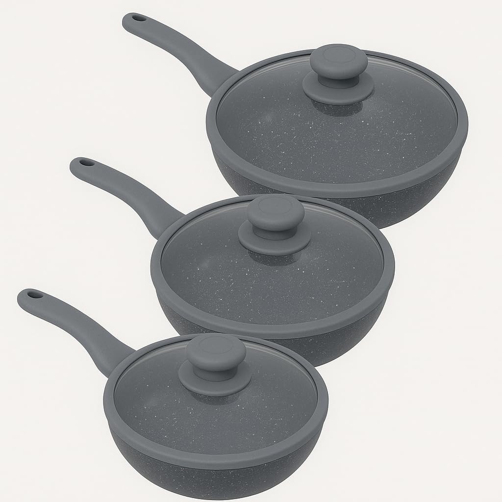 Tris Pentole Bavaria in pietra lavica antiaderenti 3 Padelle + 3 Coperchi Pietra Lavica 20-24-28cm, in Pietra Lavica, Adatto a piano a Gas e a Induzione, Padelle e Coperchi