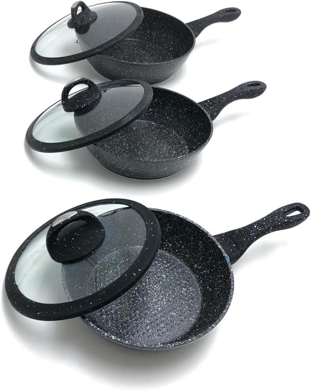 Tris Pentole Bavaria in pietra lavica antiaderenti 3 Padelle + 3 Coperchi Pietra Lavica 20-24-28cm, in Pietra Lavica, Adatto a piano a Gas e a Induzione, Padelle e Coperchi