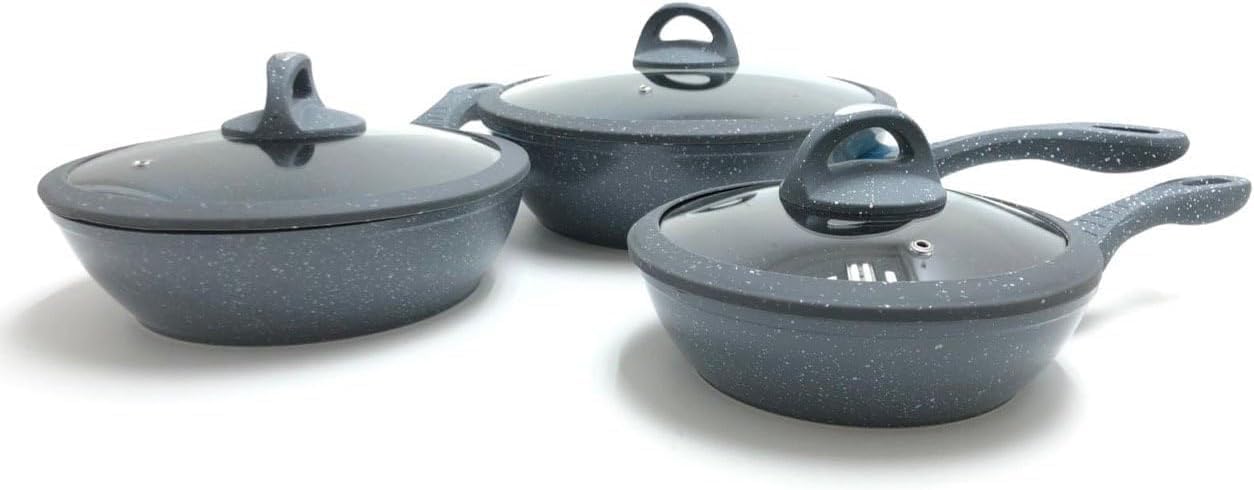 Tris Pentole Bavaria in pietra lavica antiaderenti 3 Padelle + 3 Coperchi Pietra Lavica 20-24-28cm, in Pietra Lavica, Adatto a piano a Gas e a Induzione, Padelle e Coperchi
