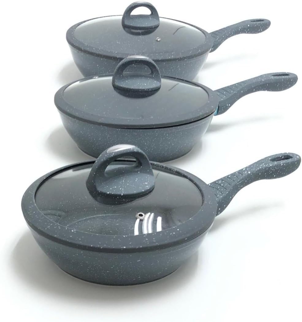 Tris Pentole Bavaria in pietra lavica antiaderenti 3 Padelle + 3 Coperchi Pietra Lavica 20-24-28cm, in Pietra Lavica, Adatto a piano a Gas e a Induzione, Padelle e Coperchi