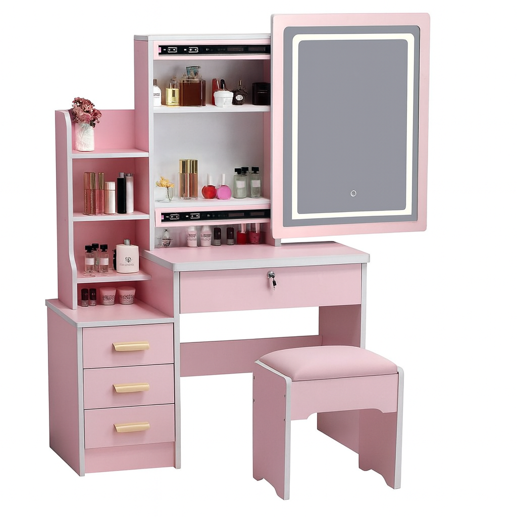 Tavolo da Toeletta con Specchio LED Touch e Sgabello Ballerina Vanity Set Moderno con Cassetti e Mensole, Postazione Trucco Make-up con Illuminazione Regolabile – 80x36x130 cm