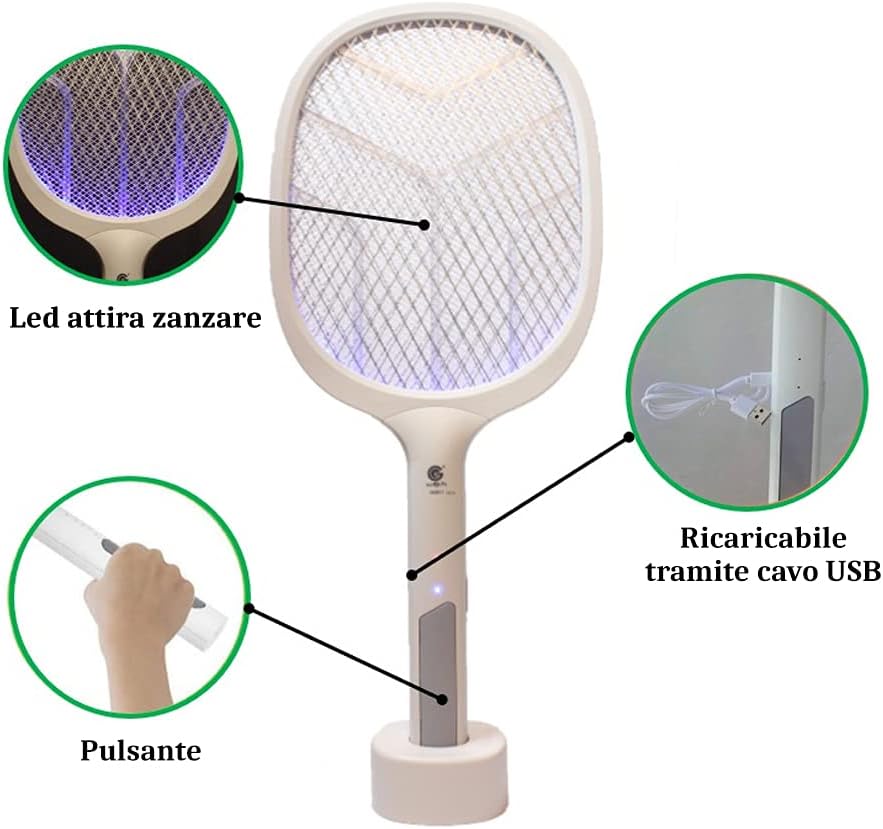 Racchette Zanzare Elettriche Ricaricabili 2 in 1 Lampada Led Fulmina Insetti
