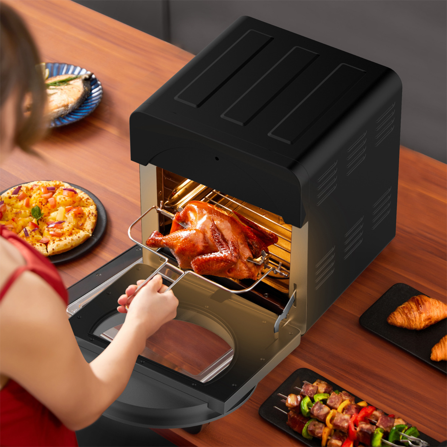 Forno ad Aria 14L con Doppio Riscaldamento e Display Touch – Air Fryer Oven Multifunzione in Acciaio, con Girarrosto, Timer Regolabile e Accessori Inclusi – Cottura Sana e Croccante Senza Olio