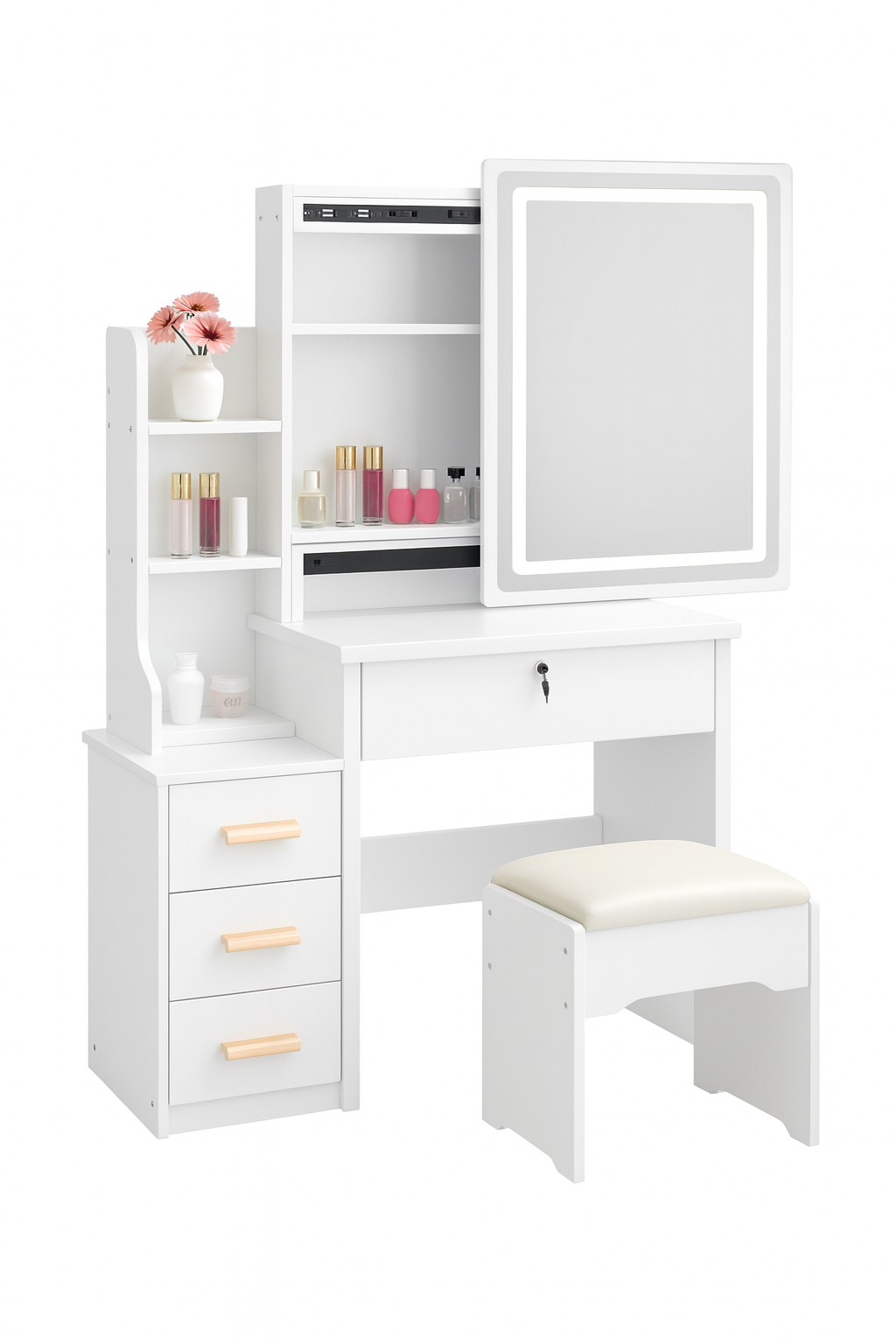 Tavolo da Toeletta con Specchio LED Touch e Sgabello Ballerina Vanity Set Moderno con Cassetti e Mensole, Postazione Trucco Make-up con Illuminazione Regolabile – 80x36x130 cm