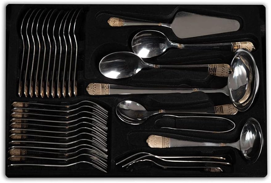 AMC Set di posate ed accessori per 12 persone realizzati in acciaio inox 18/10 lucido con manici decorati con una trama greca in stile luxury