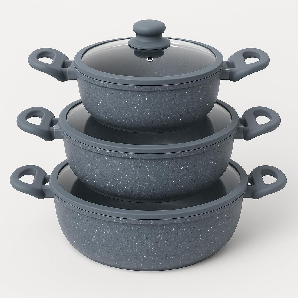 Tris Pentole Bavaria in pietra lavica antiaderenti 3 Padelle + 3 Coperchi Pietra Lavica 20-24-28cm, in Pietra Lavica, Adatto a piano a Gas e a Induzione, Padelle e Coperchi