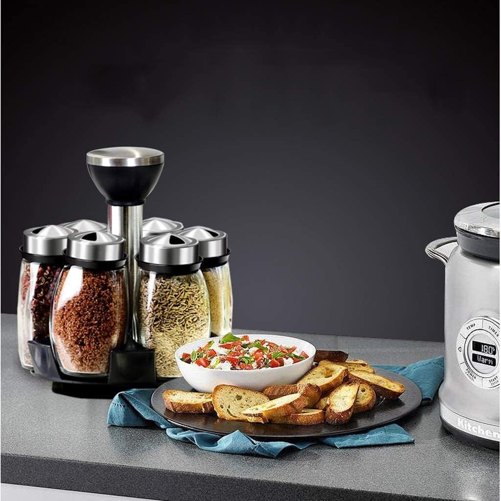 Portaspezie Girevole a 360° con 6 Barattoli in Vetro, barattoli con Tappi spargispezie Organizer da Cucina,Supporto per condimenti