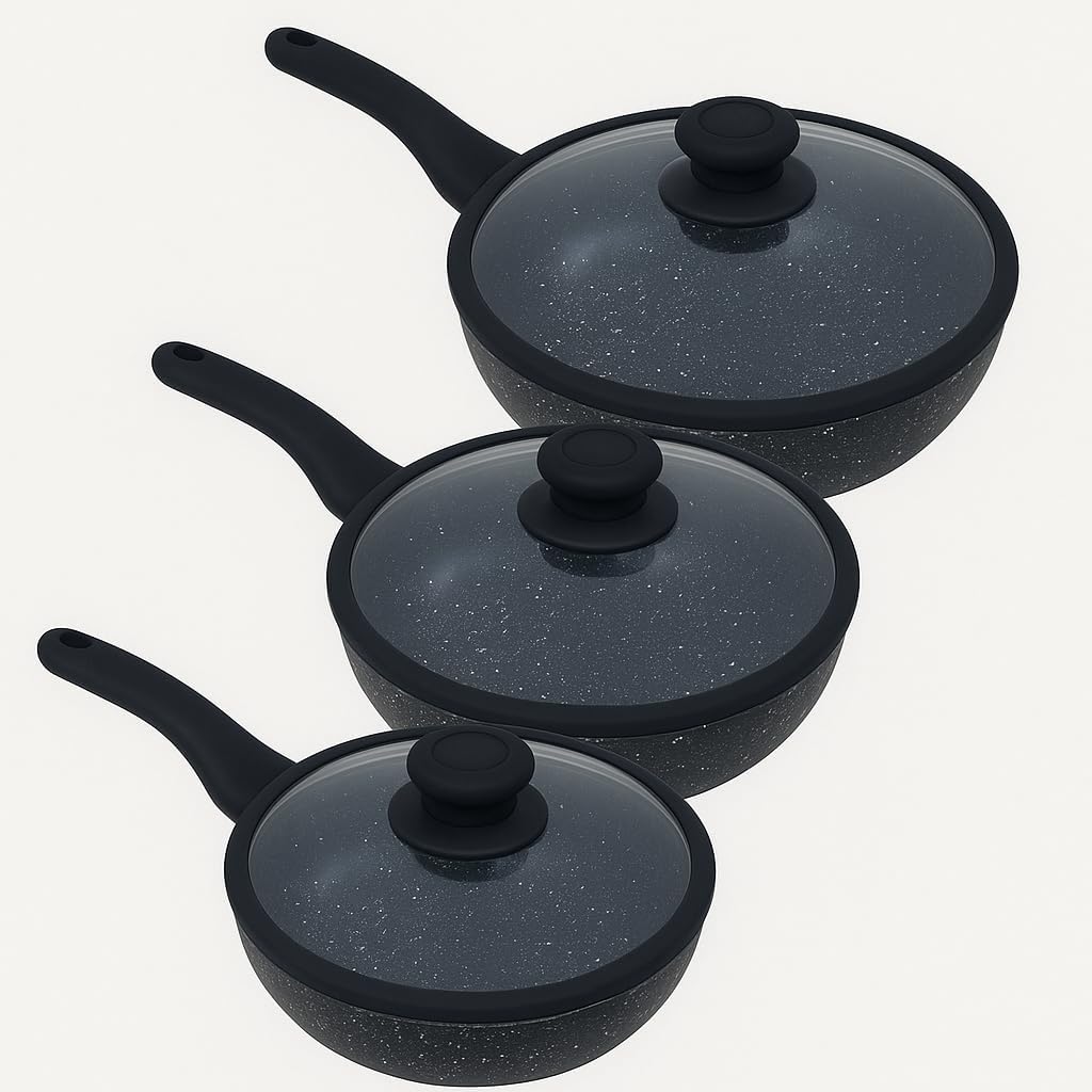 Tris Pentole Bavaria in pietra lavica antiaderenti 3 Padelle + 3 Coperchi Pietra Lavica 20-24-28cm, in Pietra Lavica, Adatto a piano a Gas e a Induzione, Padelle e Coperchi