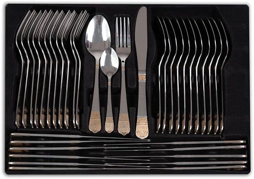AMC Set di posate ed accessori per 12 persone realizzati in acciaio inox 18/10 lucido con manici decorati con una trama greca in stile luxury