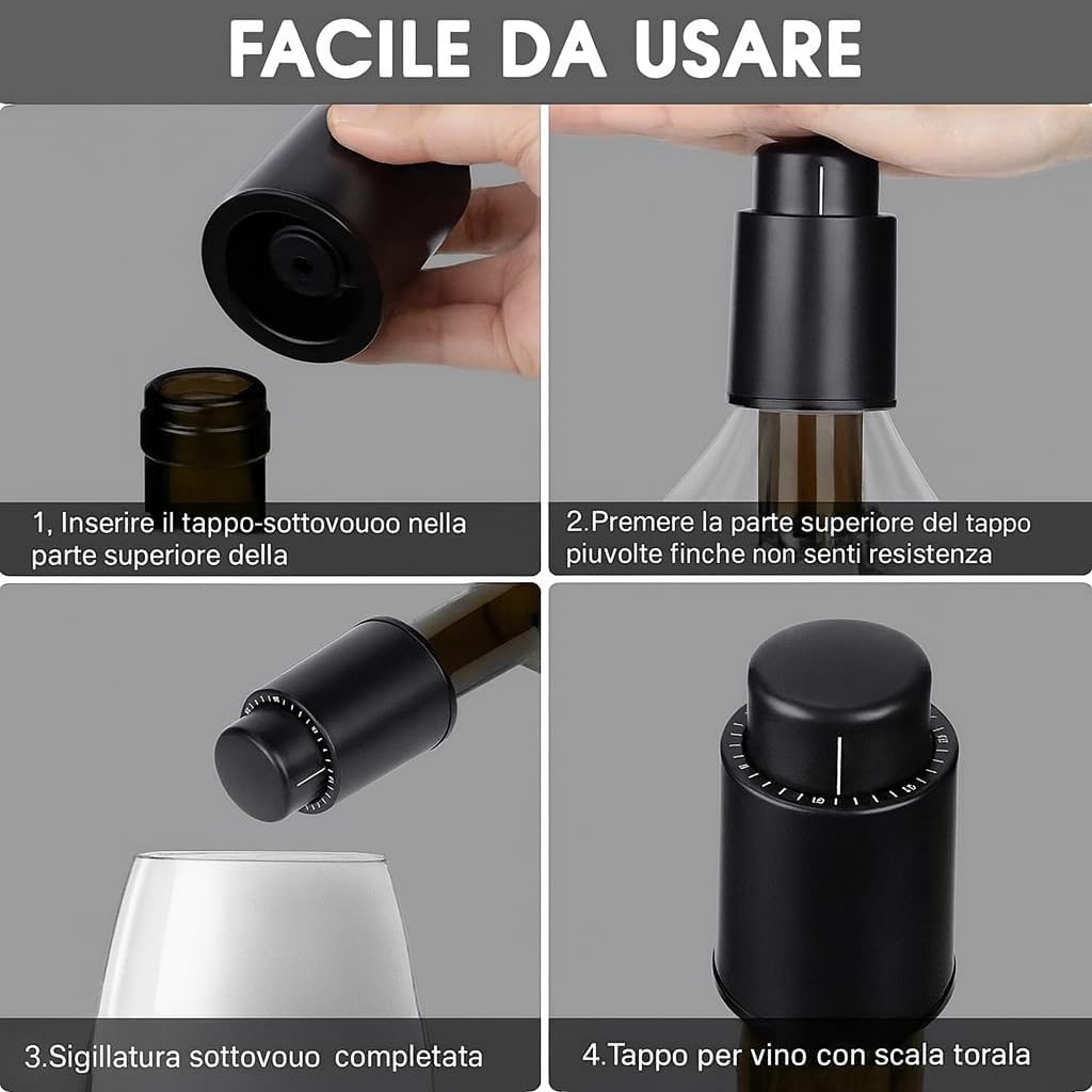 Set 2 Tappi Vino Sottovuoto con Indicatore Data – Conservazione Ermetica, Facili da Usare, Riutilizzabili – Tappo Salva Freschezza per Bottiglie di Vino e Spumante Champagne