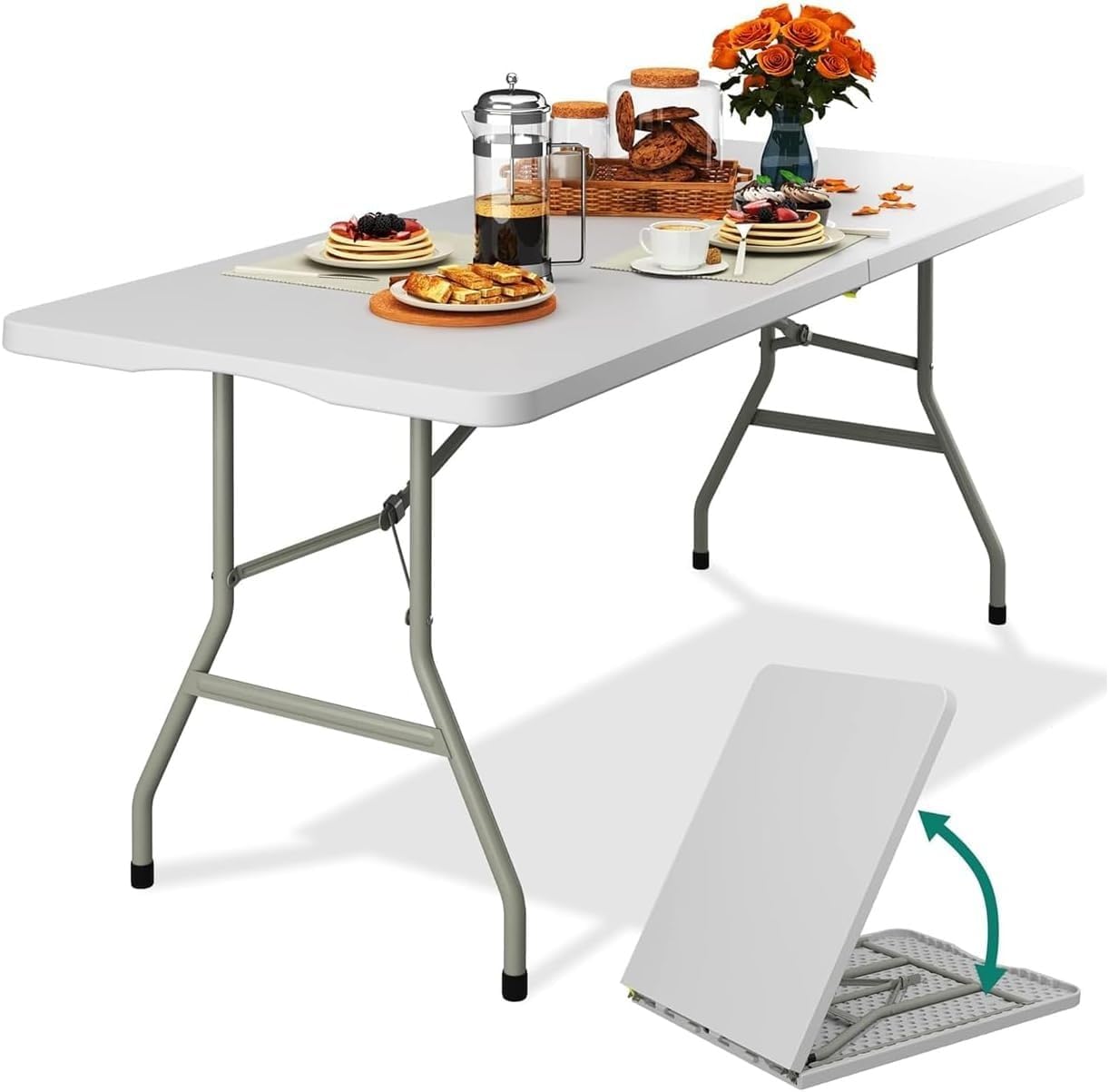 Tavolo Pieghevole Portatile salvaspazio | Tavolo richiudibile | Tavolo da campeggio con Sistema di Blocco di Sicurezza, Fino a 6 Persone - 180x75x74 cm (Bianco)
