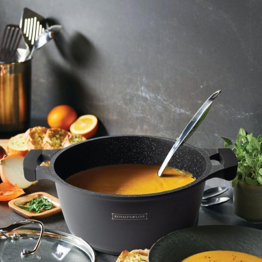 Pentola Tegame Royalty Line in Alluminio con Rivestimento Antiaderente Teflon, Coperchio in Vetro e Acciaio Inox – Adatta a Induzione, Gas, Elettrico, Ceramica e Alogeno