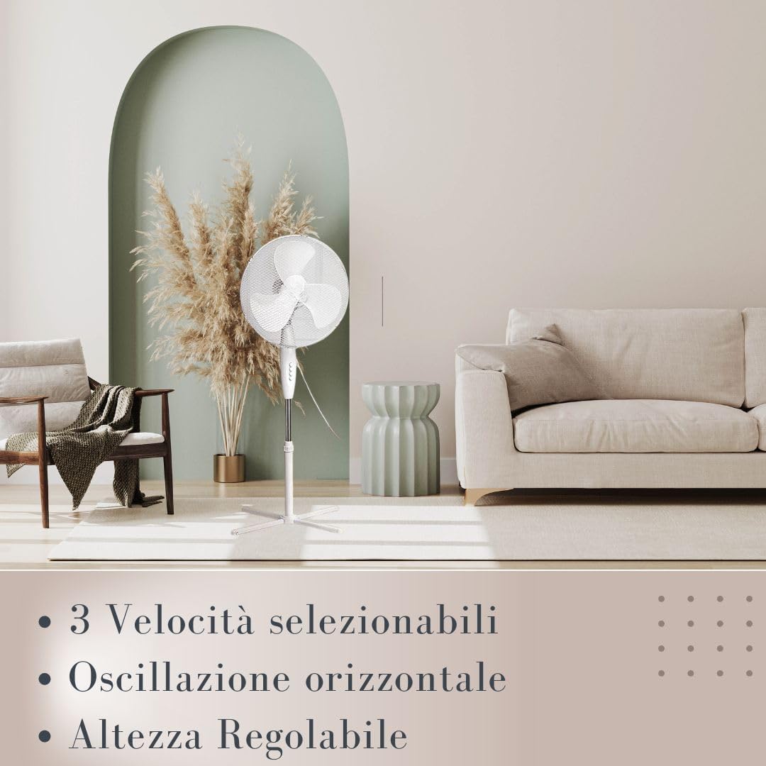 Ventilatore a Piantana 60W Bianco – Altezza Regolabile, 3 Velocità, Oscillazione Orizzontale, Diametro Pale 41 cm, Silenzioso e Potente