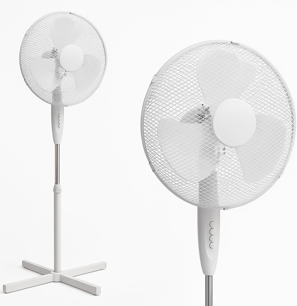 Ventilatore a Piantana 60W Bianco – Altezza Regolabile, 3 Velocità, Oscillazione Orizzontale, Diametro Pale 41 cm, Silenzioso e Potente